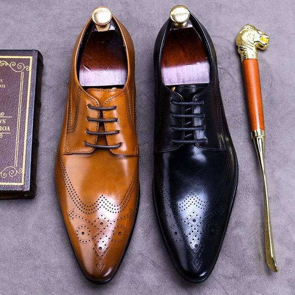 

dress shoes italian genuine leather men's heels breathable wedding oxfords summer pointed toe laces man formal wingtip brogues fwl281, Black
