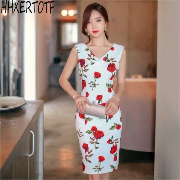 

summer ol pencil dress fashion v-neck printed bag hip dress korean sleeveless sheath bodycon vestidos 210531, Black;gray