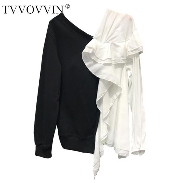 

women's hoodies & sweatshirts loose fit black contrast color ruffles sweatshirt v-neck long sleeve women big size fashion tide spring 2