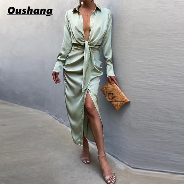 

casual dresses women fashion satin lace-up long dress 2021 solid folds draped split party deep v neck office lady maxi, Black;gray