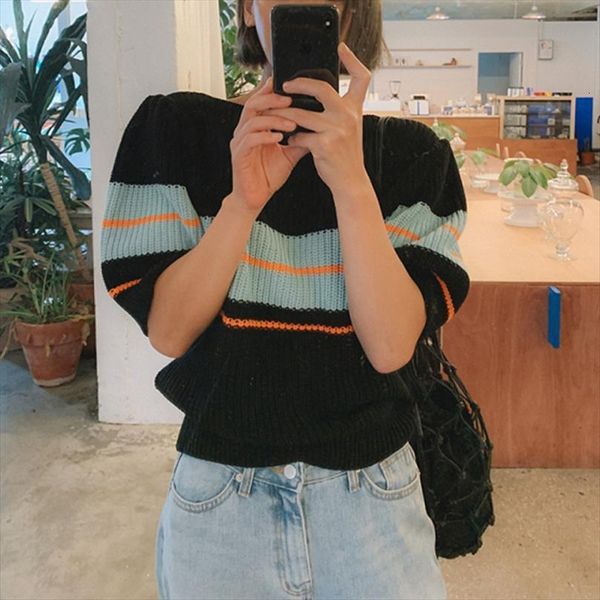 

han edition hubble bubble sleeve women sweaters rainbow stripe spot color matching sweater half joker pullovers female temper, White;black