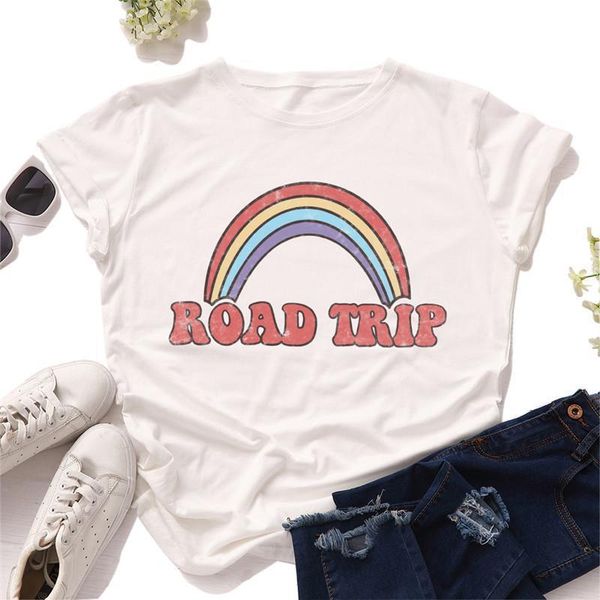 

plus size s 5xl women rainbow print 100%cotton o neck short sleeve funny, White