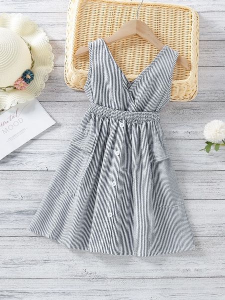 

toddler girls striped flap pockets button front dress she, Red;yellow