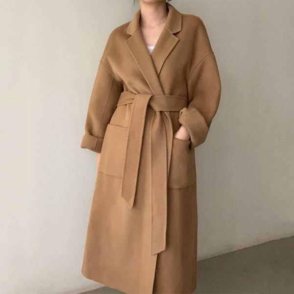 

women's wool & blends [ewq] korean chic autumn winter suit collar double pocket bandage waist over knee long woolen coat female fashion, Black