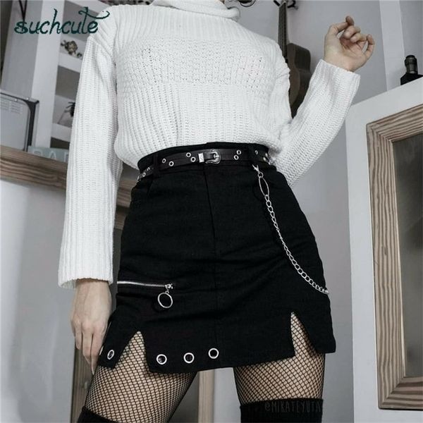 

suchcute zipper up women skirts metal chain modis gothic mini skirt a-line black spring streetwear female party outfits 210319