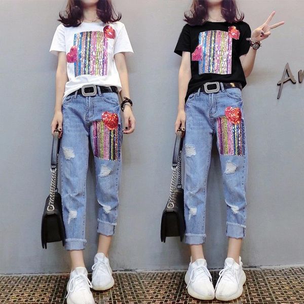 

girls two pieces set womenpant spring summer beading sequined cartoon t shirt hole denim pant suit female vintage jeans, White
