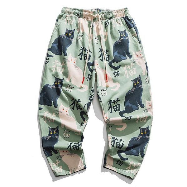 

men's pants elastic waist fashion printed ankle-length men plus size 4xl 5xl drawstring streetwear green hip hop trouser, Black