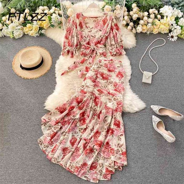 

summer elegant beach two piece sets women fashion v neck bandage blouse and irregular skirts outfits clothes ladies floral suits 210525, White