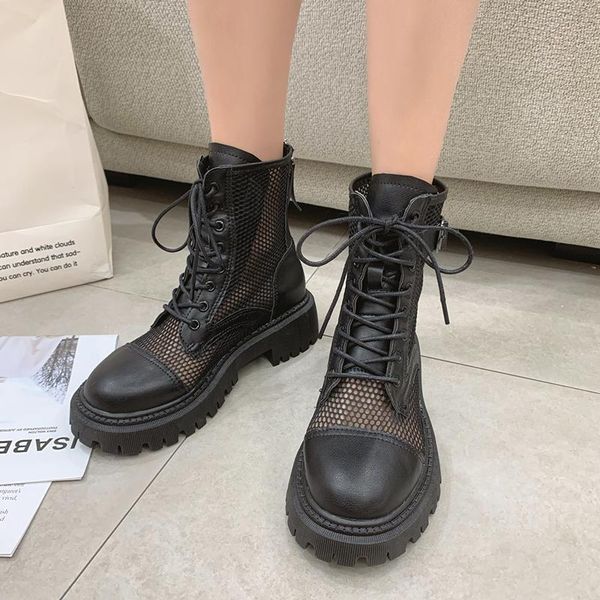 

boots rimocy breathable mesh summer ankle for women fashion black beige zip lace up casual shoes woman flat platform cool