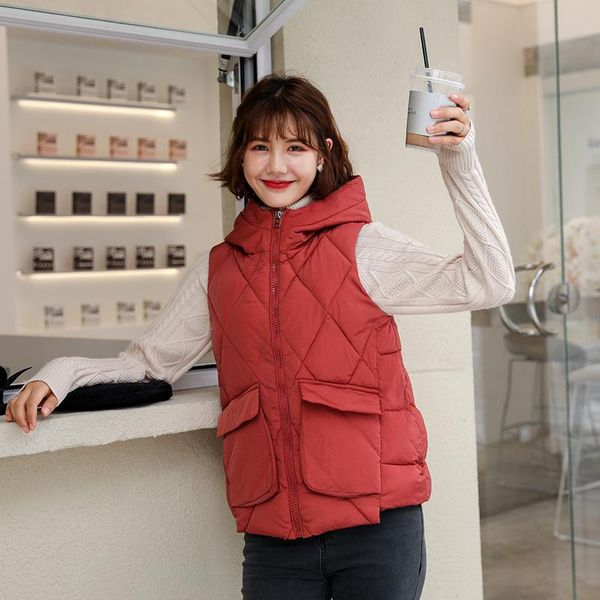 

women's vests isenmal casual solid color autumn women's vest cotton hooded thicken down coat sleeveless winter for women, Black;white