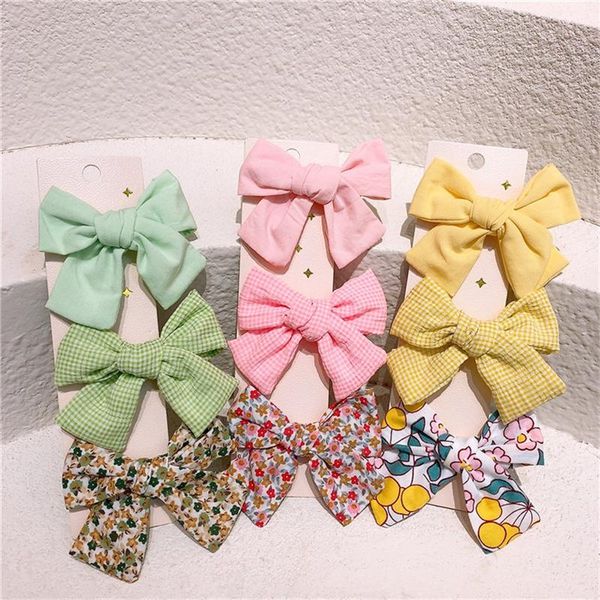 

hair accessories korean style girls headwear fabric plaid bow hairpin fresh floral baby clip set for children fashion, Slivery;white