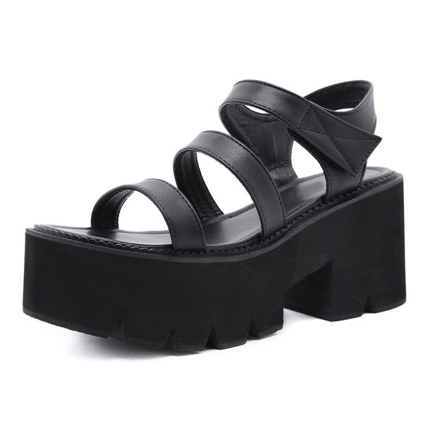 

Genuel Leather Lolita Girls Party Gladiator Sandals For Women Platform Heels Hook Loop Ankle Strap Lady Casual Shoes Rome Summer, Black