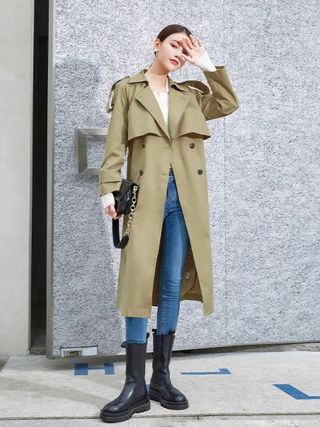 

women's trench coats windbreaker spring and autumn 2021 loose khaki medium length versatile casual waist jacket, Tan;black