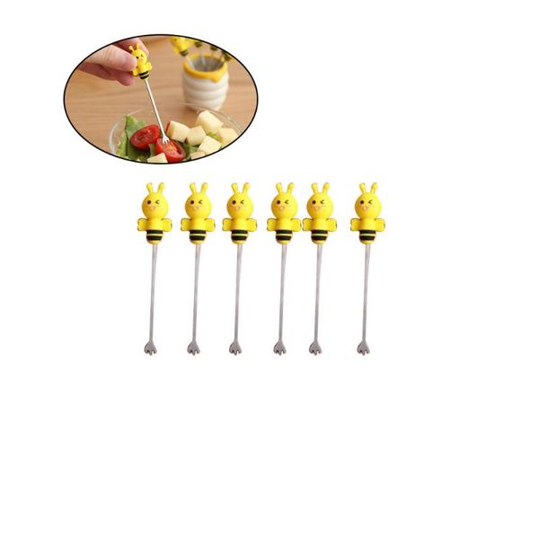 

6pcs silicone bee fruit forks set stainless steel dessert picks with ceramic holder for party and daily use