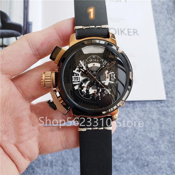 

wristwatches classic men zircon quartz chronograph watch rose gold stainless steel black leather strap big dials left hook watches 50mm, Slivery;brown