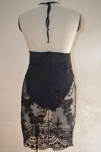 

beaded mesh sheer bodycon women dress pencil evening clubwear party mini black v neck solid sleeveless clothing, Black;gray