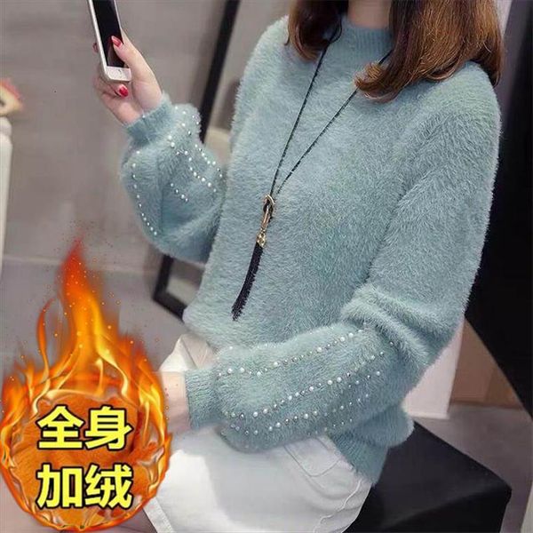

style imitation mink wool women sweater beadeding pullover plus velvet cashmere knitted jumper full femme y618, White;black