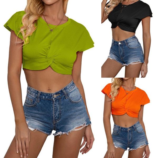 

women's t-shirt 2021 o-neck crop fashion bow t-shirts simple solid color women clothing summer short sleeve slim fit black tee, White