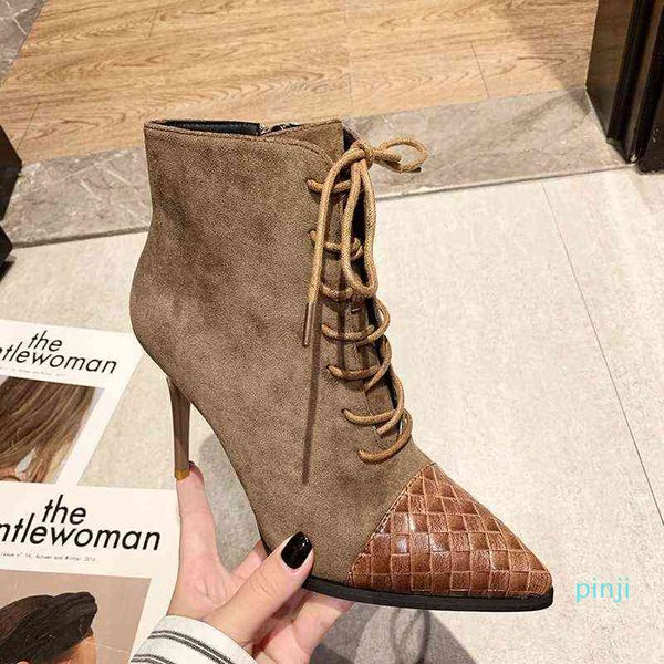

2021 autumn new women boots leather patchwork 9 cm high heel pointed toe fashion lady stiletto pumps short ankle shoes y1105, Black