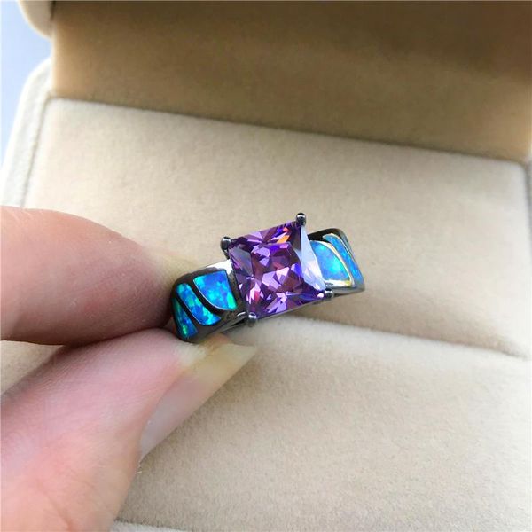 

wedding rings luxury female purple square crystal ring charm 14kt black gold color for women dainty blue opal engagement, Slivery;golden