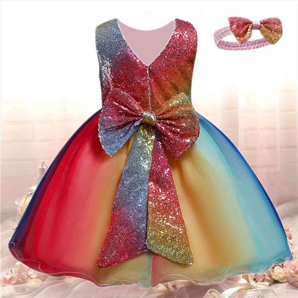 

girls rainbow kids birthday party girl dress tutu christening gown sequined bow lace mesh princess children summer clothes, Red;yellow