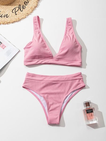 

women's swimwear 2021 split swimsuit high waist v-neck 2 piece sets womens bikini set swimming suit for women, White;black