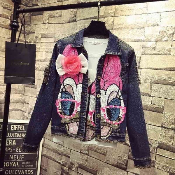 

women's jackets shining sequins fashion long sleeve denim woman's jacket high street standard animal pink short spring lcl7, Black;brown