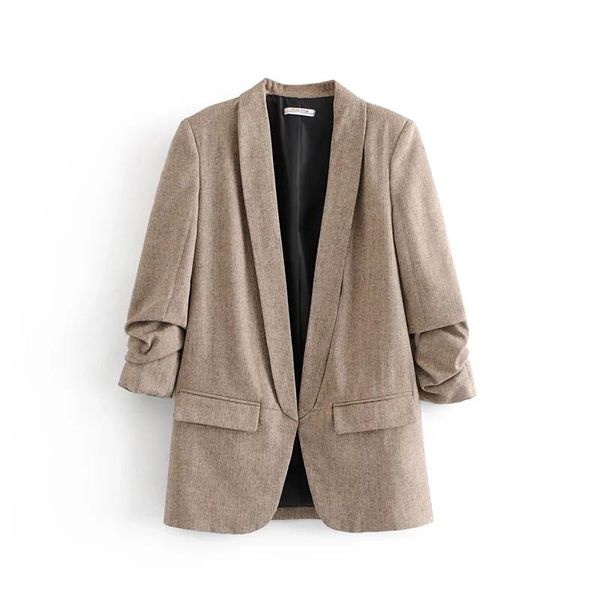 

women's suits & blazers autumn winter casual khaki blazer women roll sleeve herringbone fashion 2021 jacket female v-neck office lady, White;black
