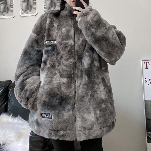 

women's fur & faux coat winter jacket women 2021 tie dye warm thick loose plush hip hop vintage plus size, Black