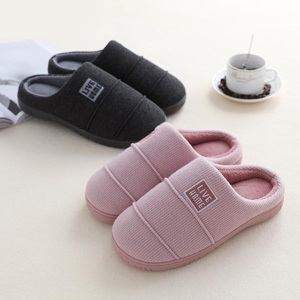 

women indoor slippers warm plush knitted fabric lovers home cotton slipper soft sole winter shoes woman men floor slides, Black