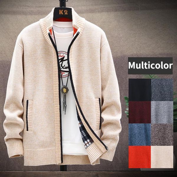 

men's sweaters 2021 autumn winter sweater coat faux fur wool jackets men zipper knitted thick warm casual knitwear cardigan, White;black