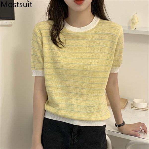 

korean knitted women t shirt summer short sleeve o-neck striped casual fashion basic ladies t-shirt tees femme 210513, White