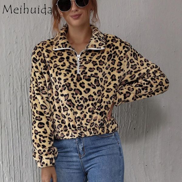 

women's hoodies & sweatshirts women plush leopard long sleeve loose zipper fashion winter warm casual clothes for female ladies, Black