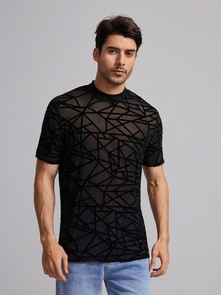 

men geo print sheer mesh g0th#, White;black