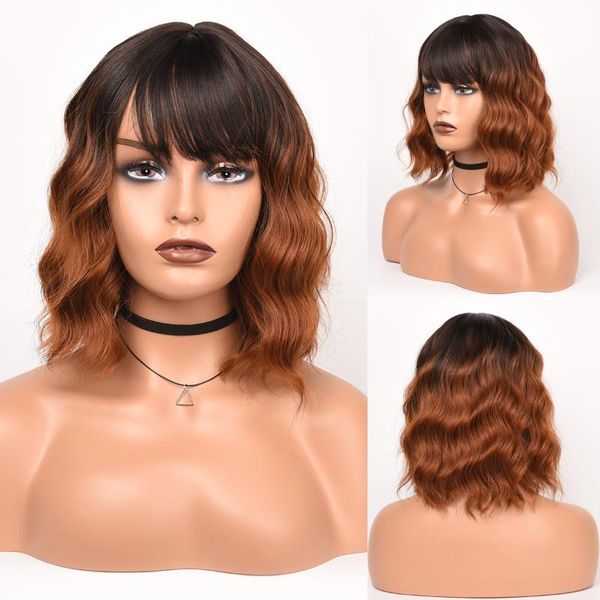 

synthetic wigs lady short wave ombre brown blonde with bangs for women bobo curly hairstyle cosplay natural hair, Black