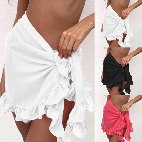 

women's swimwear women short skirt cover-ups 2021 pleated bandage beach chiffon sunscreen summer white black dress female