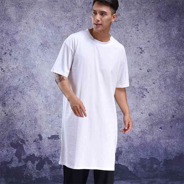 

summer wear personality extra long half-sleeve t-shirt bottom shirt short-sleeve extra loose t-shirt over the knee long tide men 210322, White;black