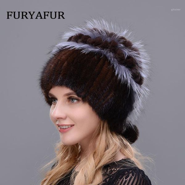 

beanie/skull caps jeryafur fur fashion winter warm women knitting mink hats vertical weaving with flower shape decoration1, Blue;gray