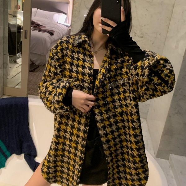 

women's jackets women fashion loose fit plaid tweed jacket mid long crystal beading coat elegant ladies casual oversized autumn twill, Black;brown