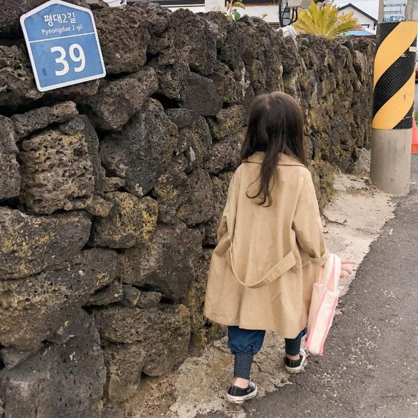 

coat 2021 autumn arrival korean style cotton pure color loose long windbreak for fashion sweet cute baby girls, Blue;gray