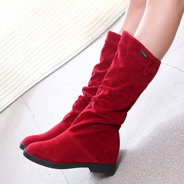

boots autumn winter women matte flock for female ladies height increased low heel shoes lady mid calf high plue 40, Black