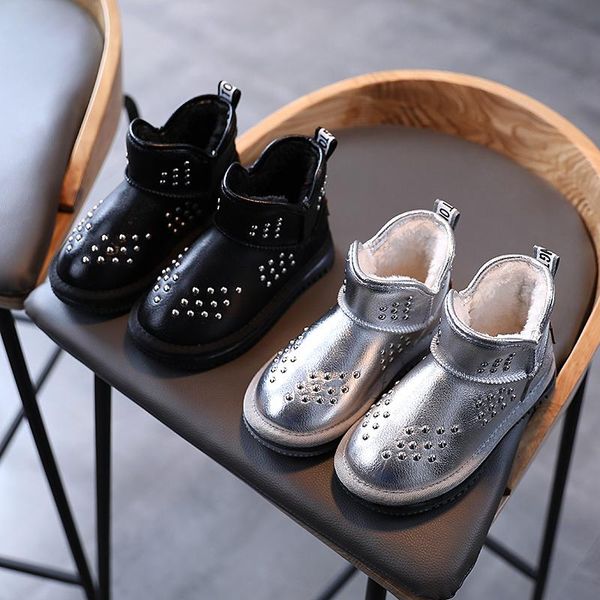 

boots girls snow fashion winter warm boys pu leather plush rivet ankle boot kids anti-slip waterproof rubber shoes girl footwear, Black;grey