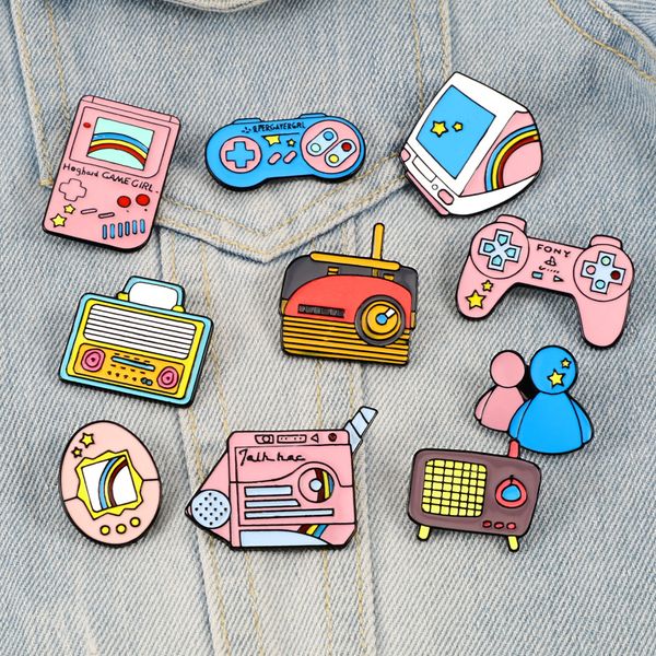 

vintage game enamel pins collections 90s gamepad mobile phone tv jewelry brooches denim shirt badges lapel pin gifts for friends, Blue