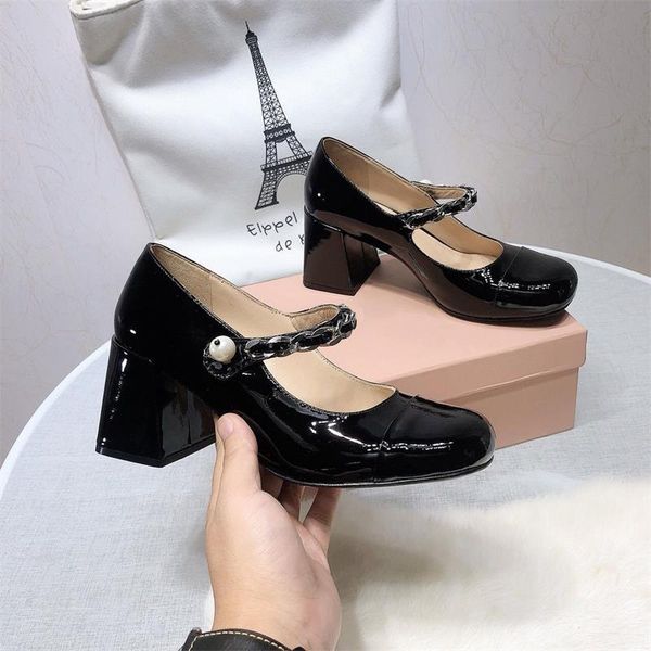

dress shoes 2021 autumn women high heels pumps mary janes square toe shallow sweet ladies with pearl buckled sapato feminino 35-40, Black