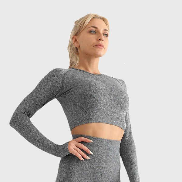 

seamls t-shirt high elastic sports long sleeve fitns yoga suit blouse, Gray