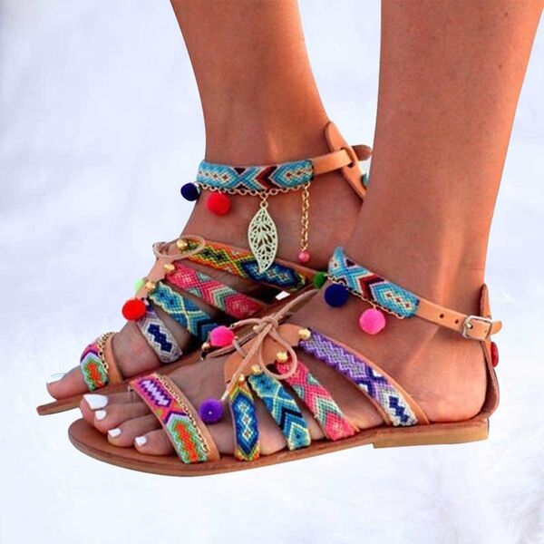 

woman pom-pom sandals for women sandalia women's bohemian gladiator leather summer shoes flats, Black