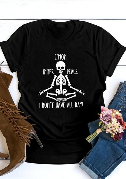 

women's t-shirt c'mon inner peace i don't have all day skeleton tee abstract graphic cotton tshirt, White
