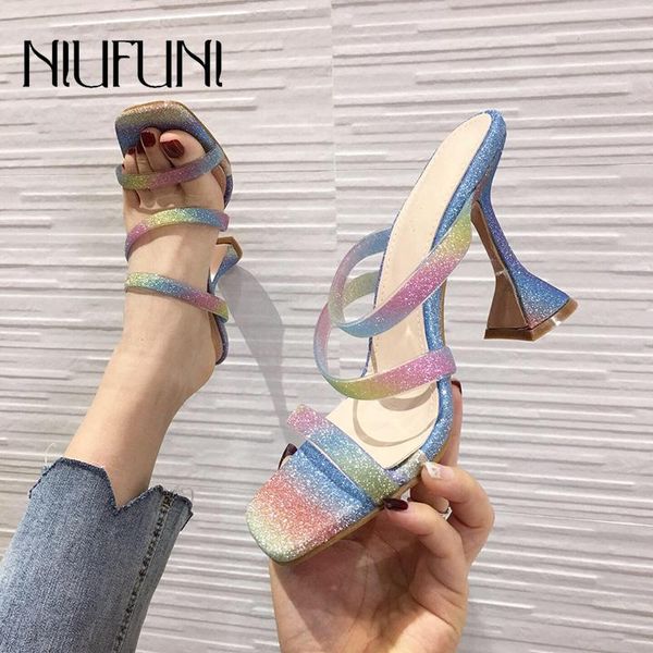

rainbow color square toe women's shoes instep strap sandals wine glasses high-heeled sweet slippers outer wear, Black