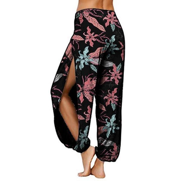 

loose fashion floral print side women pant slitting long harem bloomers trousers streetwear female, Black;white