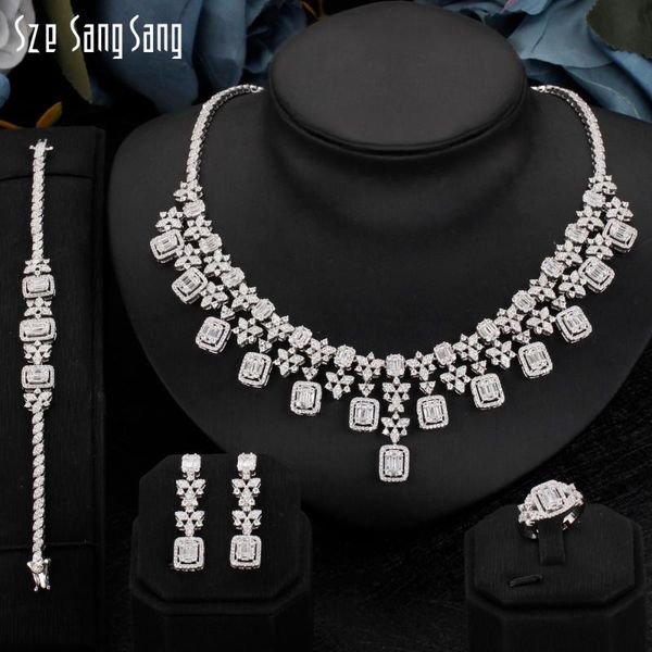 

earrings & necklace unique design 4 pcs women fashion jewelry set for wedding engagement cubic zirconia beautiful bridal jewellery high qual, Silver